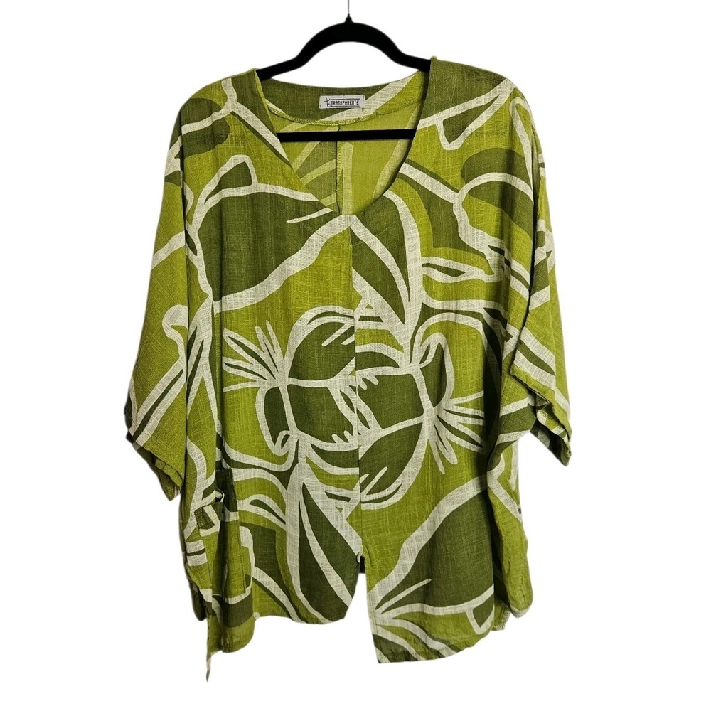 T by Transparente Linen Tunic Green Floral Lagenlook Coastal Boho Art Italy